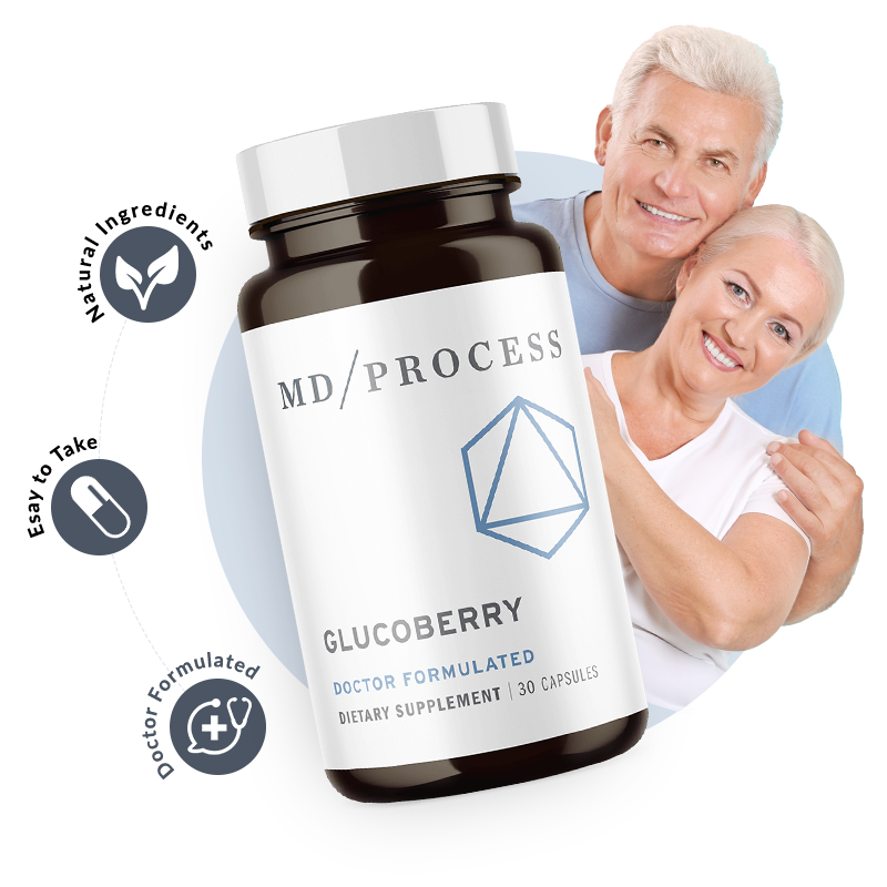 GlucoBerry Supplement Bottle with Smiling Elderly Couple